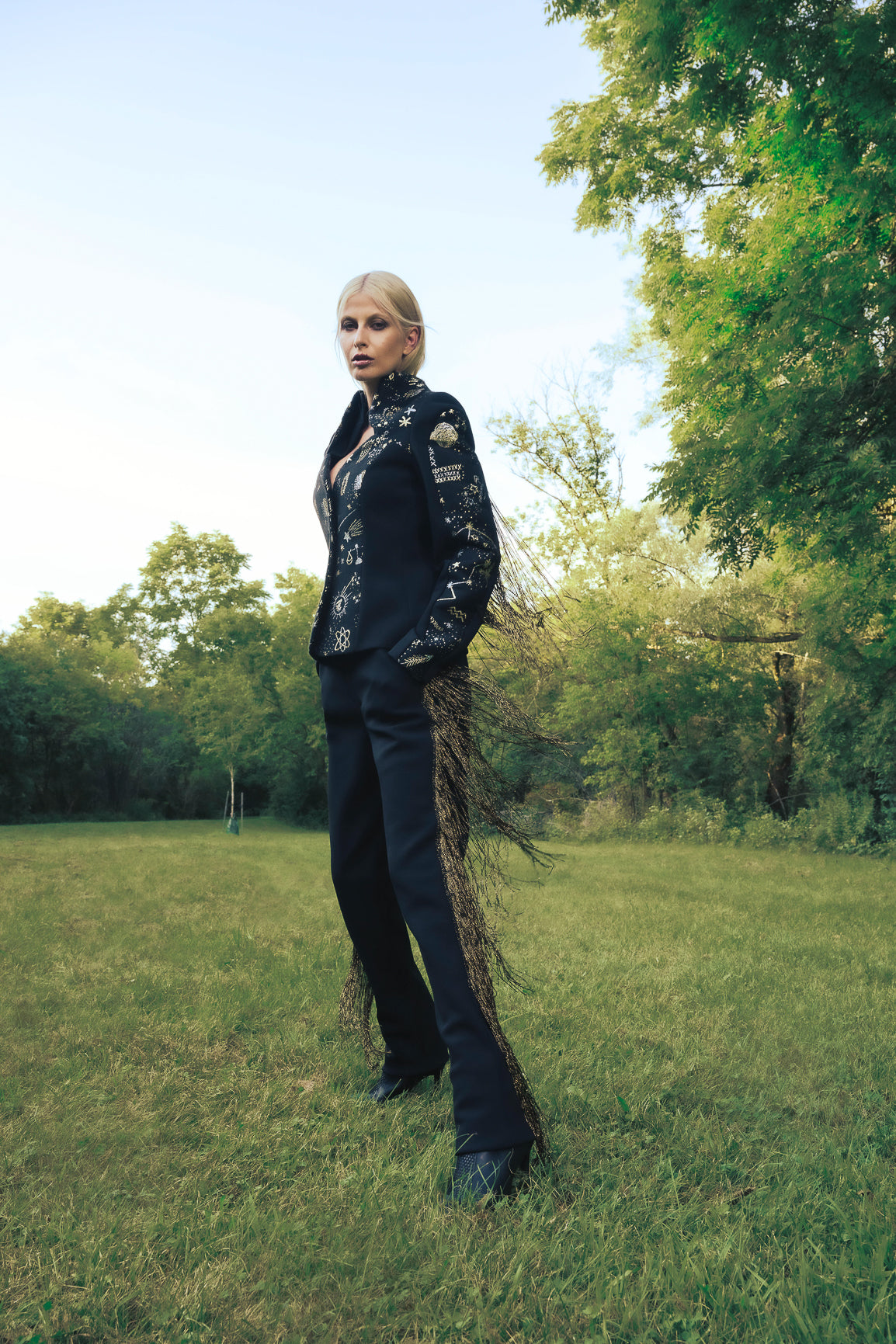 Cosmic Embellished Fringe-Accented High-Waisted Pants