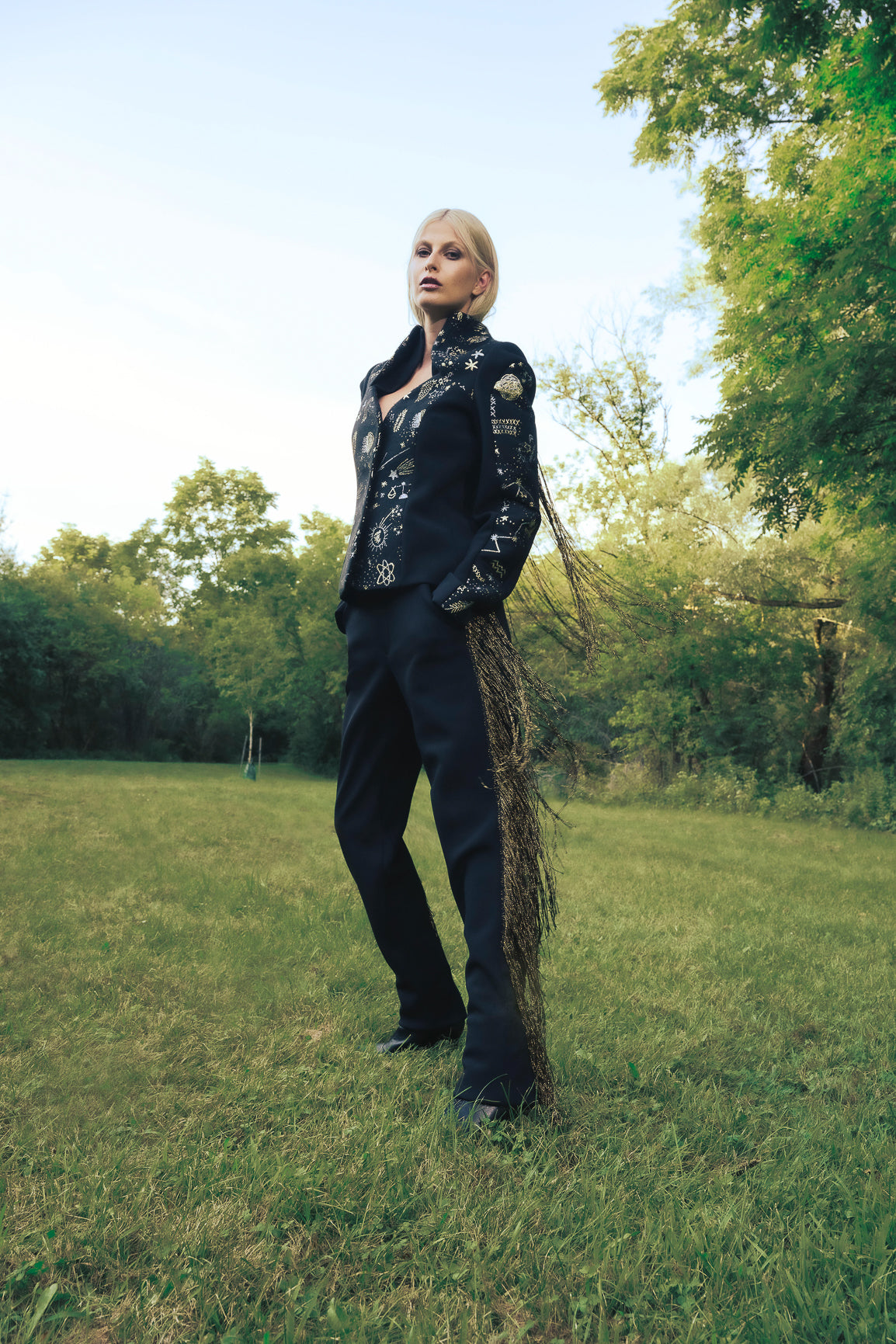 Cosmic Embellished Fringe-Accented High-Waisted Pants