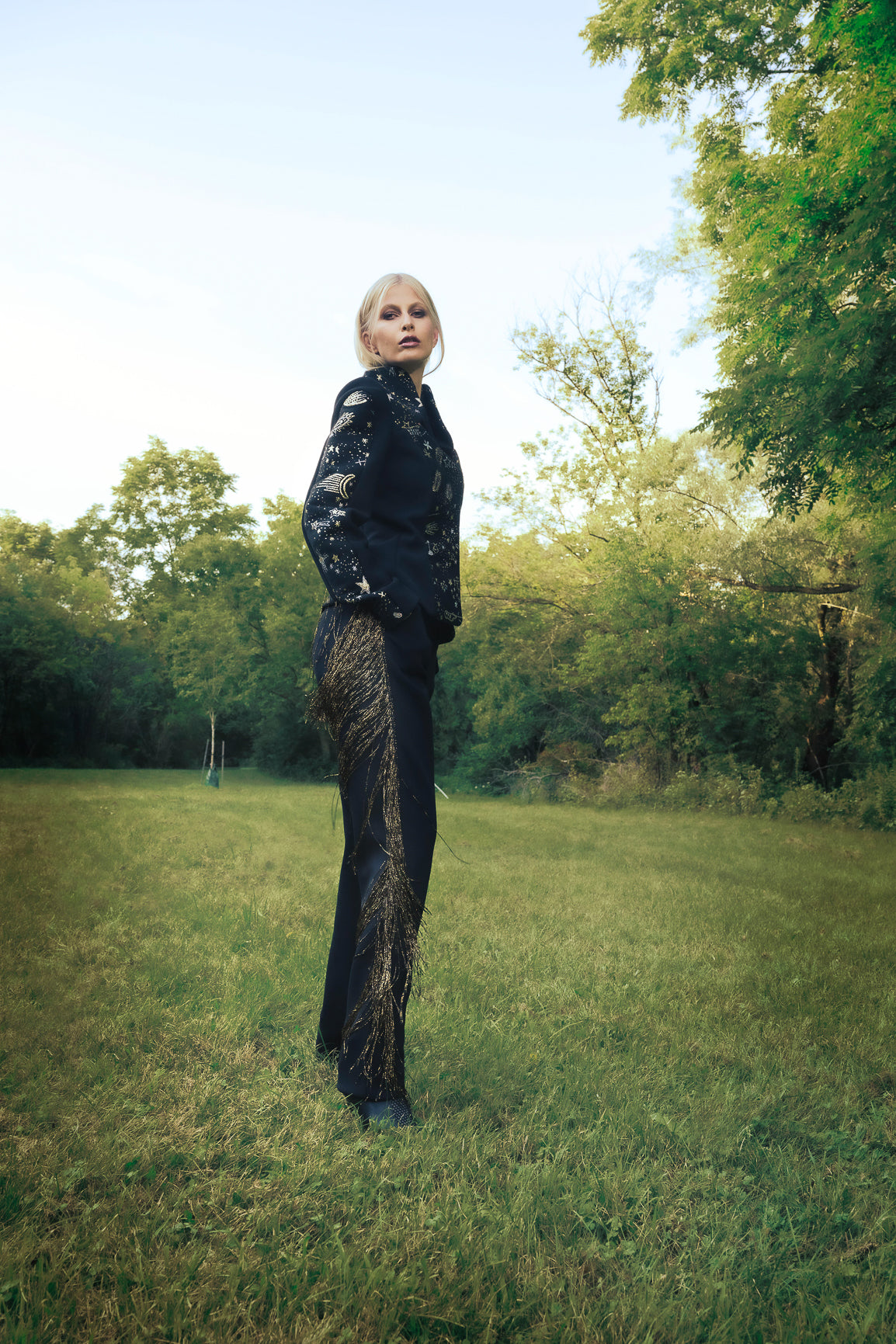 Cosmic Embellished Fringe-Accented High-Waisted Pants