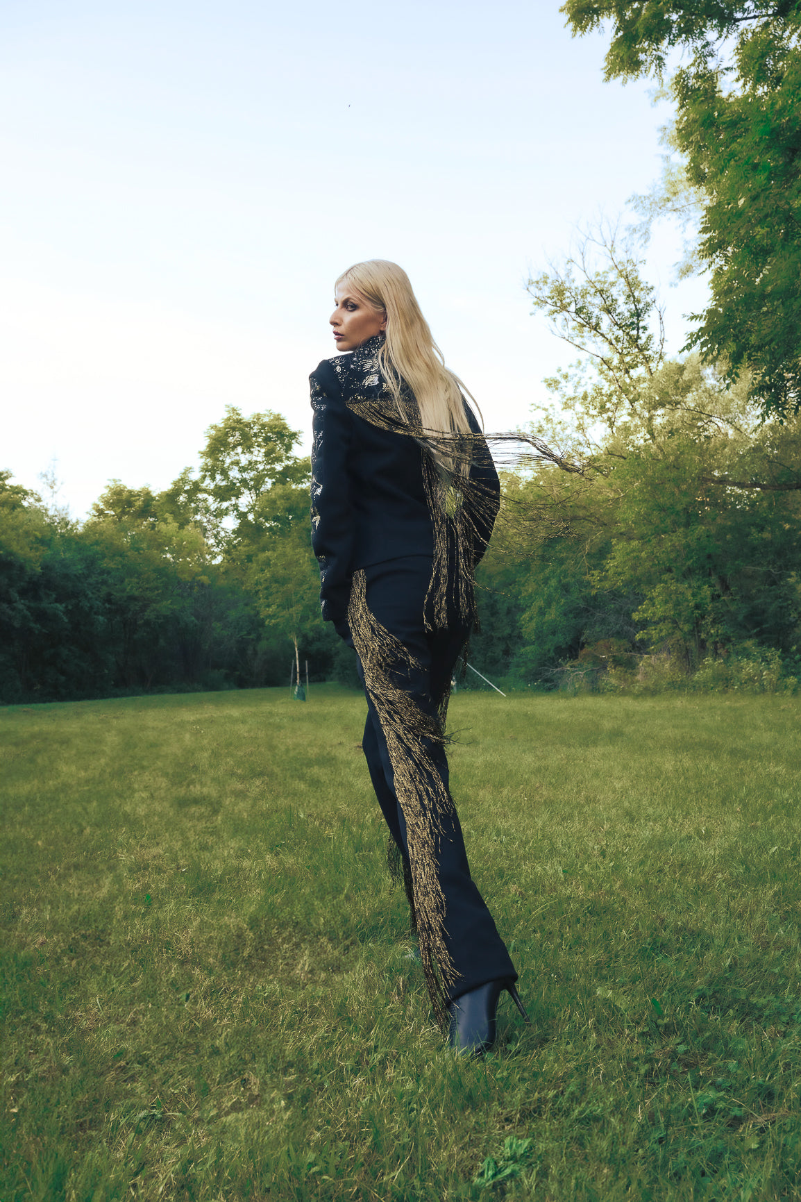 Cosmic Embellished Fringe-Accented High-Waisted Pants