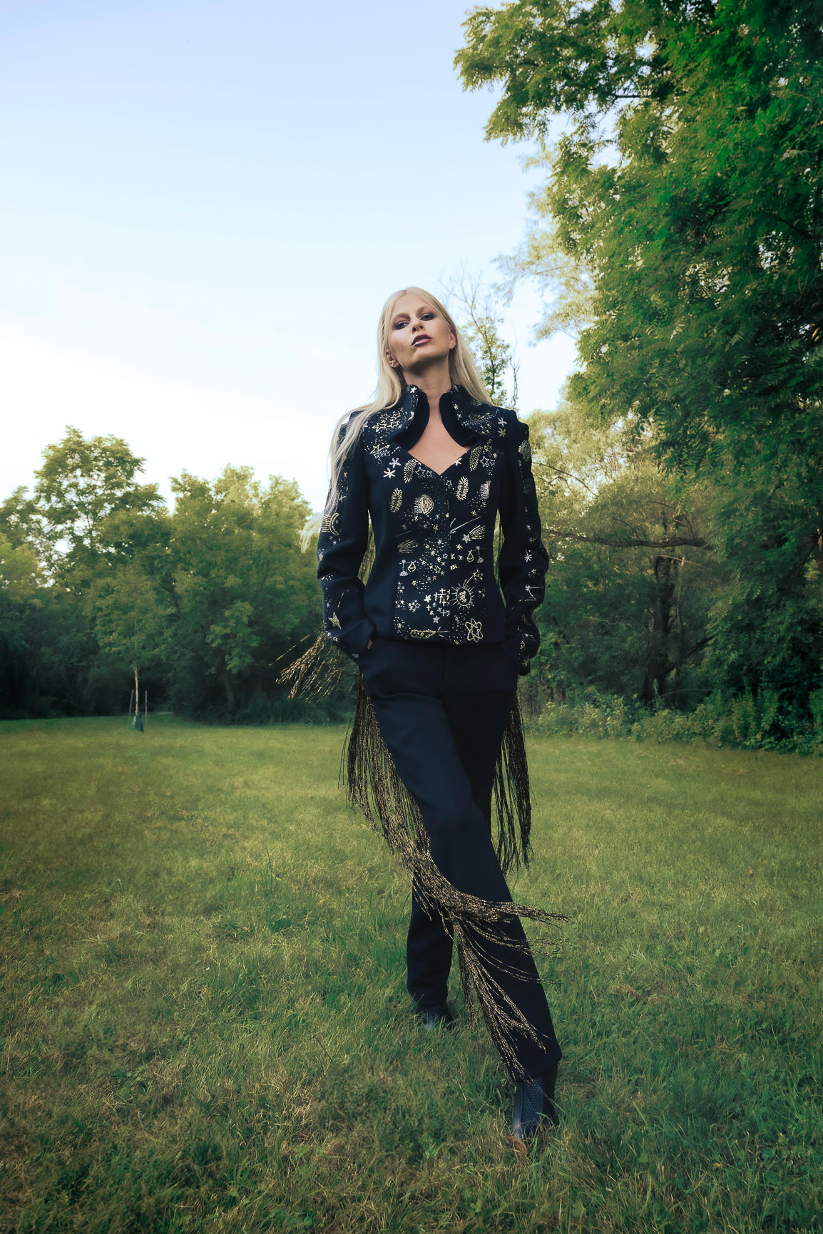 Cosmic Embellished Fringe-Accented High-Waisted Pants