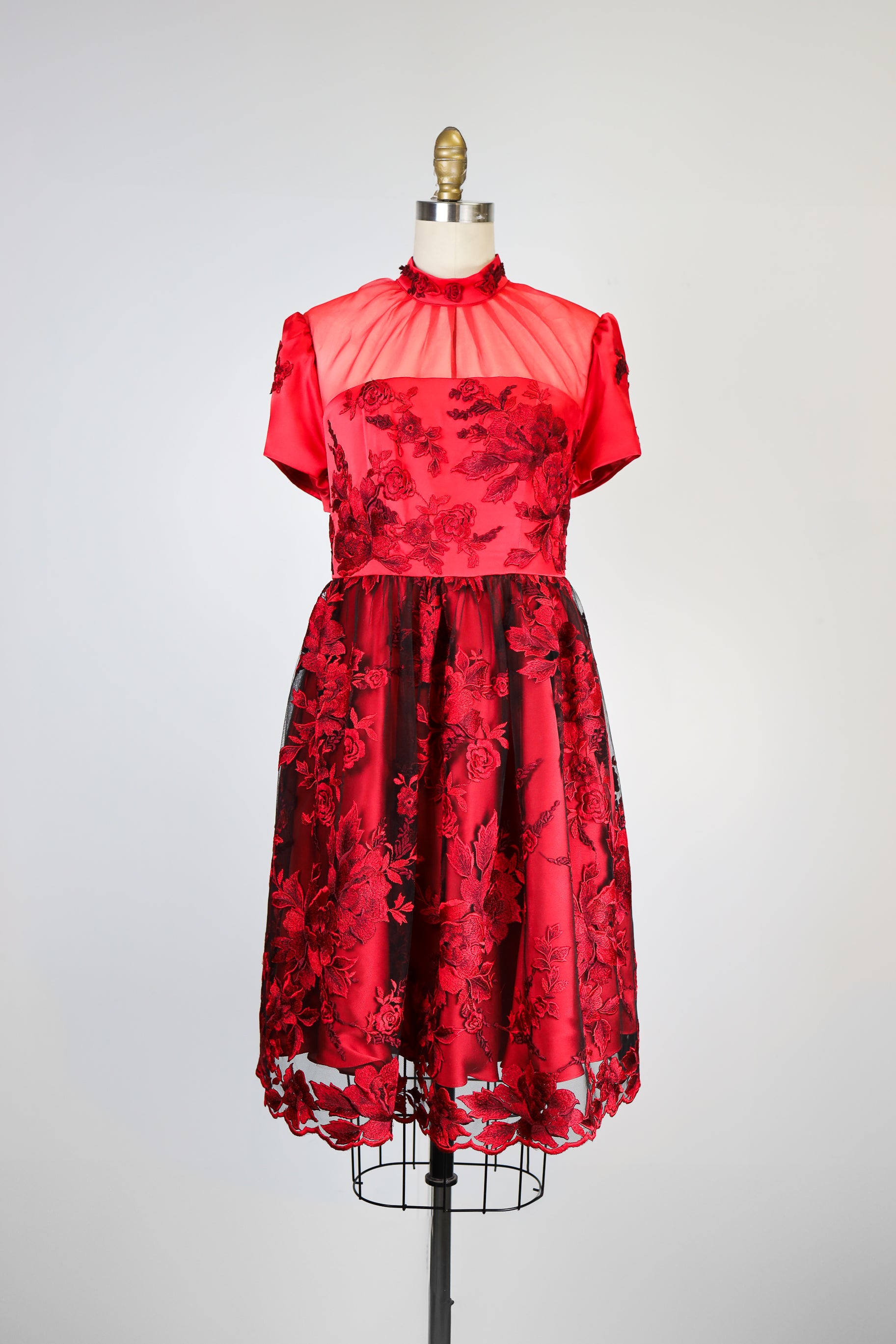 Crimson Hand Embroidered Silk Satin Cocktail Dress