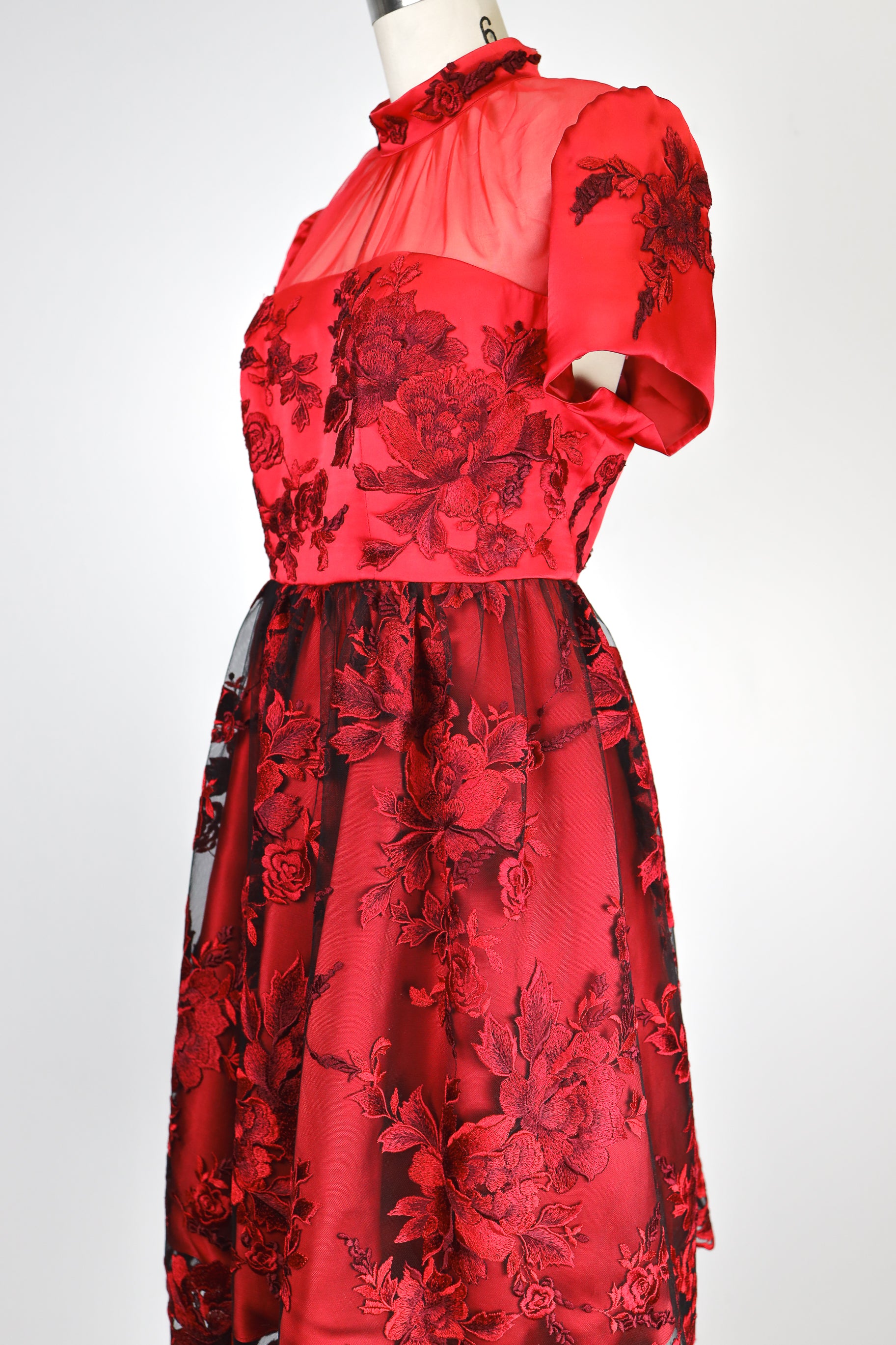 Crimson Hand Embroidered Silk Satin Cocktail Dress