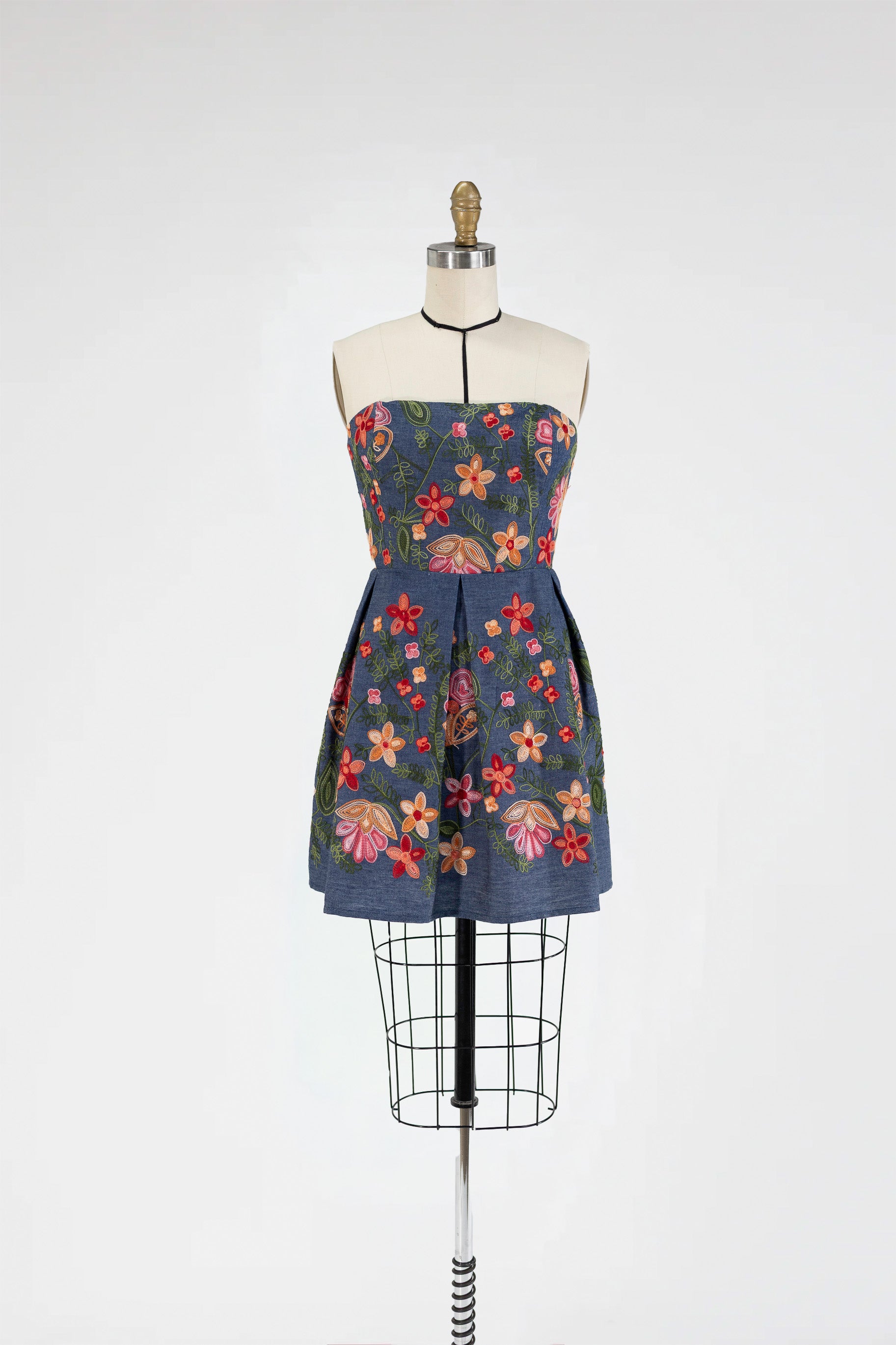 Strapless Embroidered Denim Dress