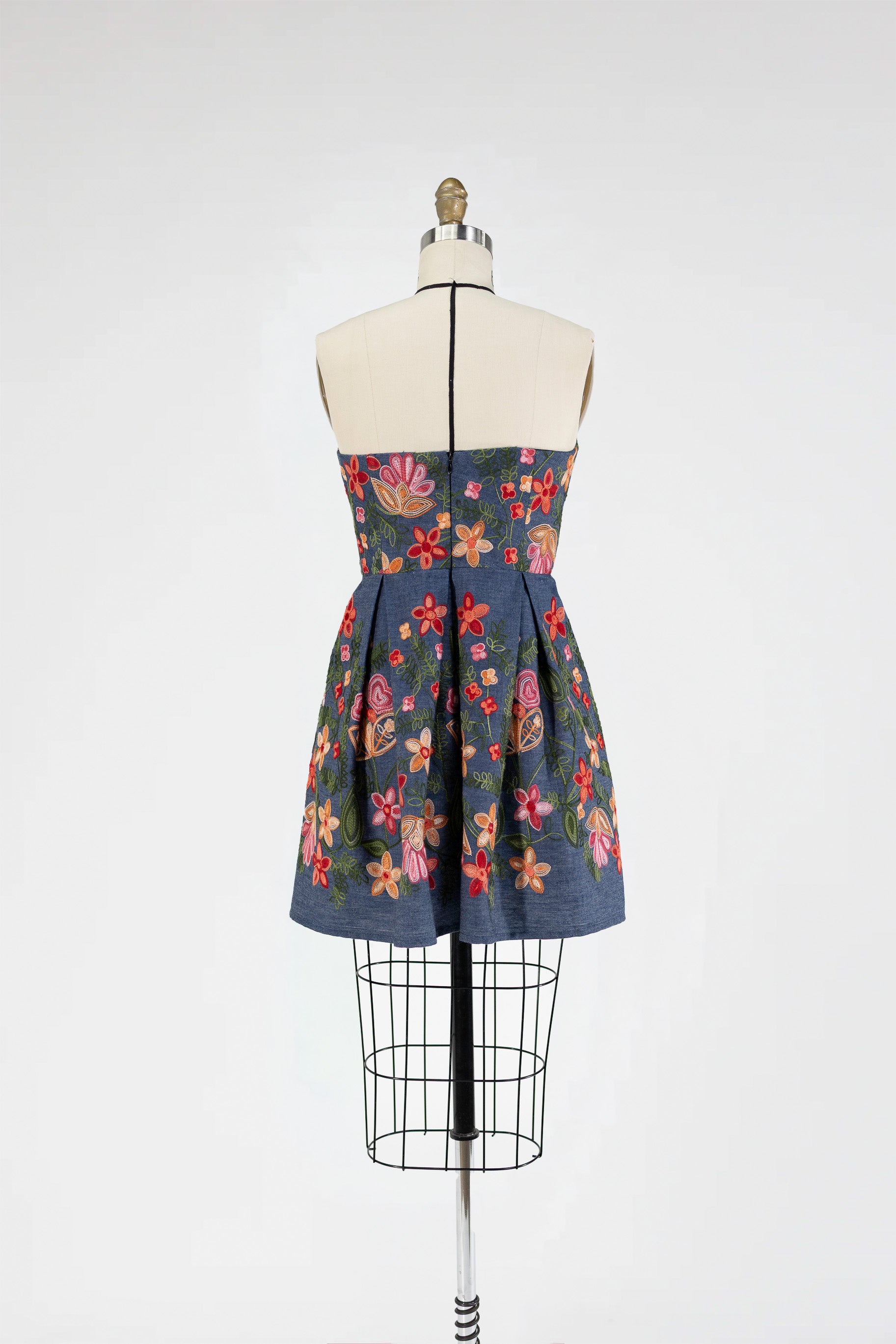 Strapless Embroidered Denim Dress