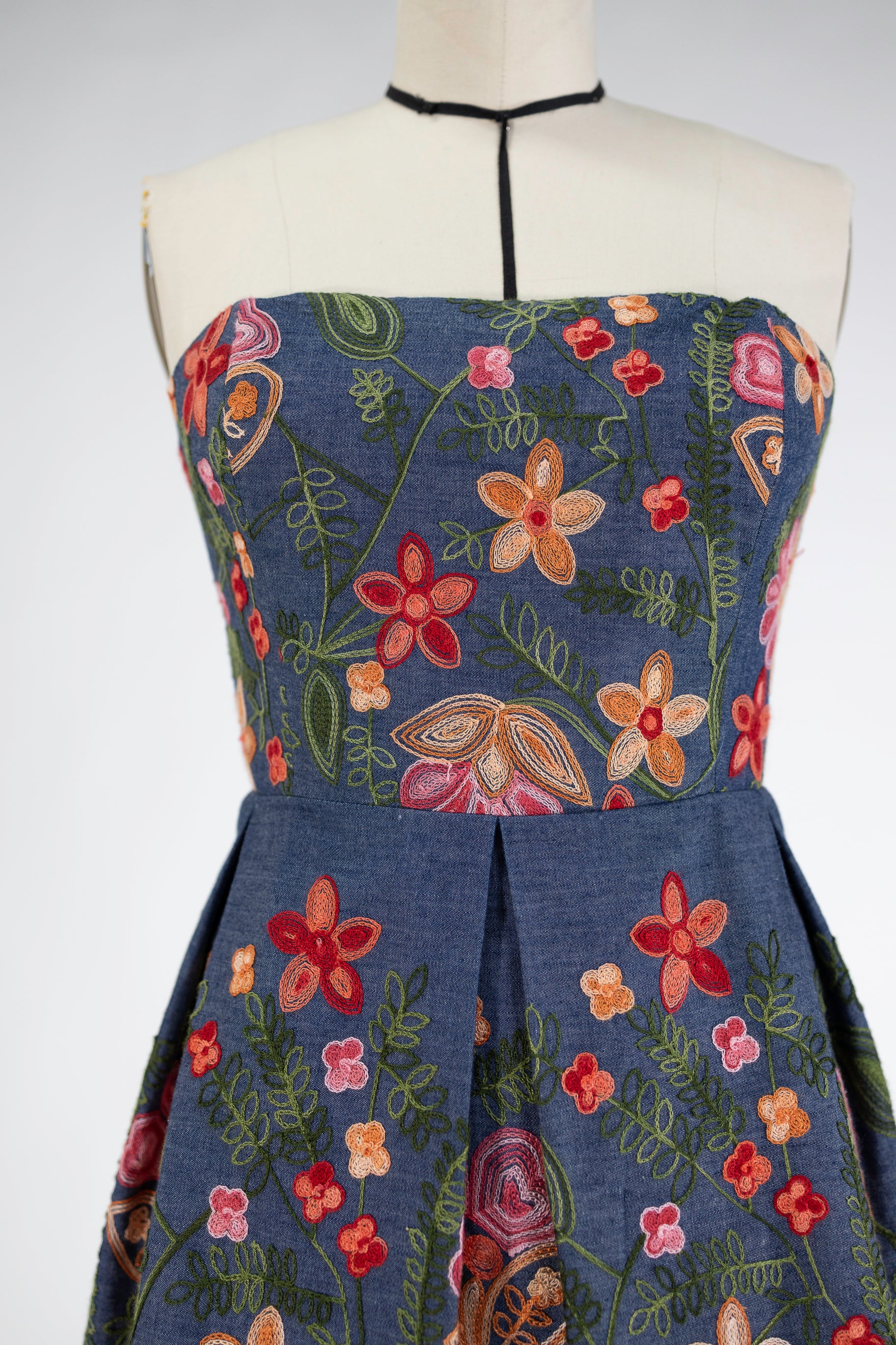 Strapless Embroidered Denim Dress
