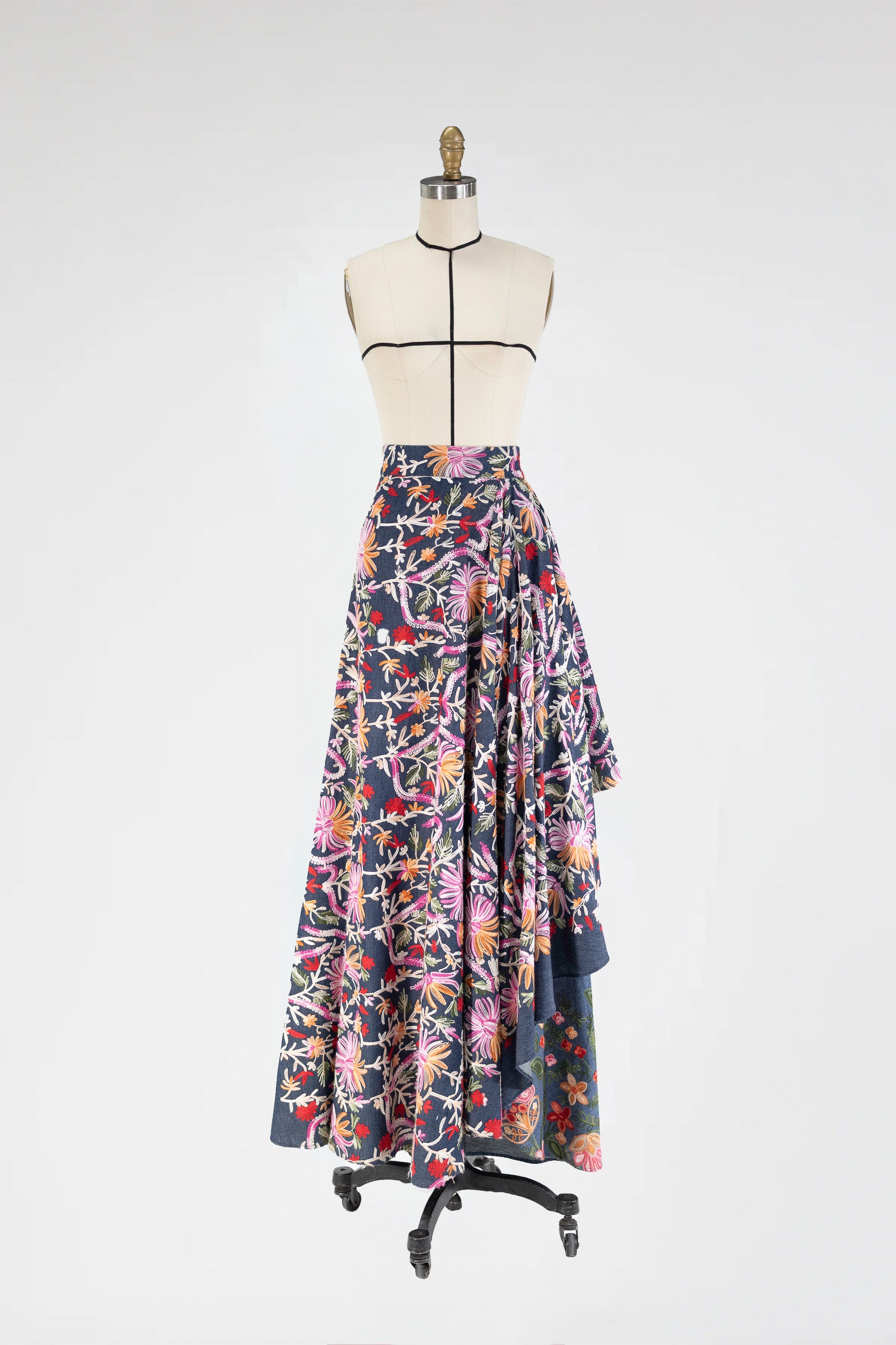 Embroidered High-Low Maxi Skirt in Indigo Denim