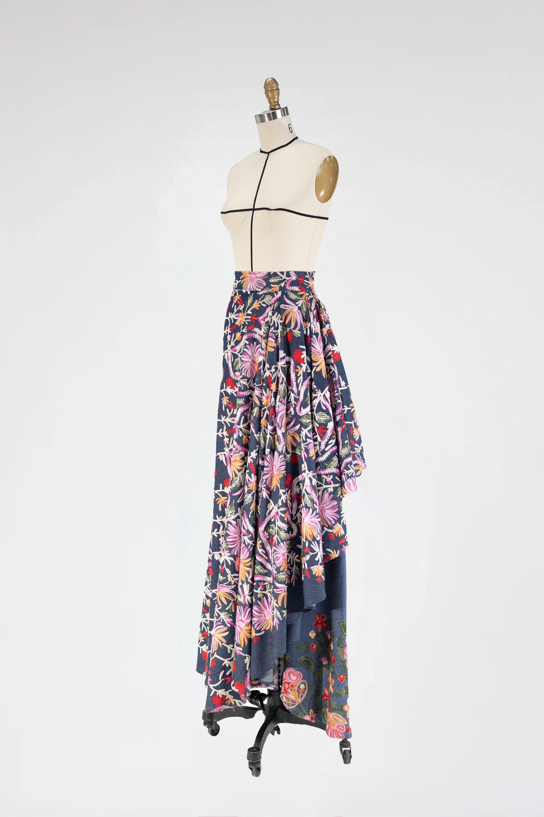 Embroidered High-Low Maxi Skirt in Indigo Denim