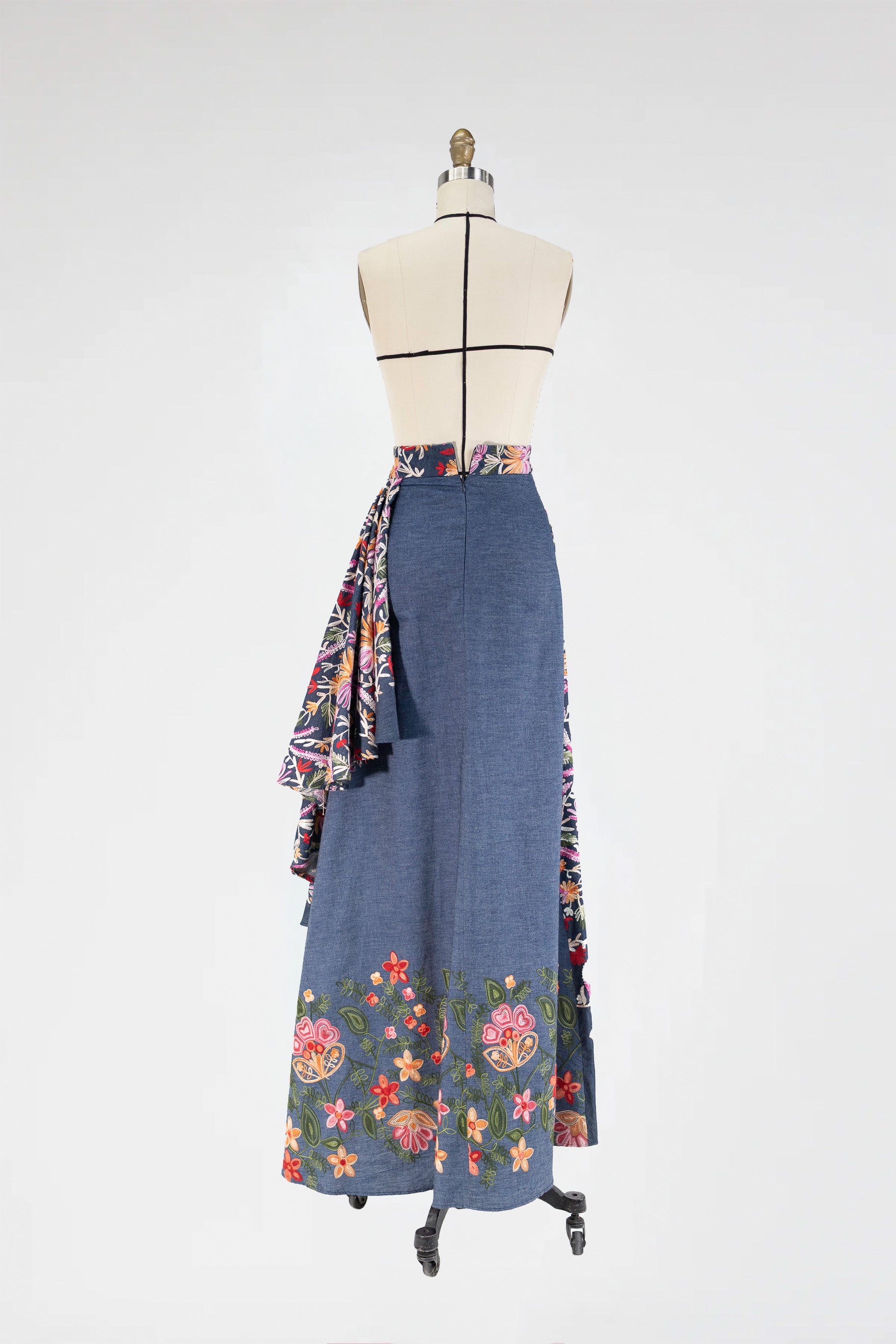 Embroidered High-Low Maxi Skirt in Indigo Denim