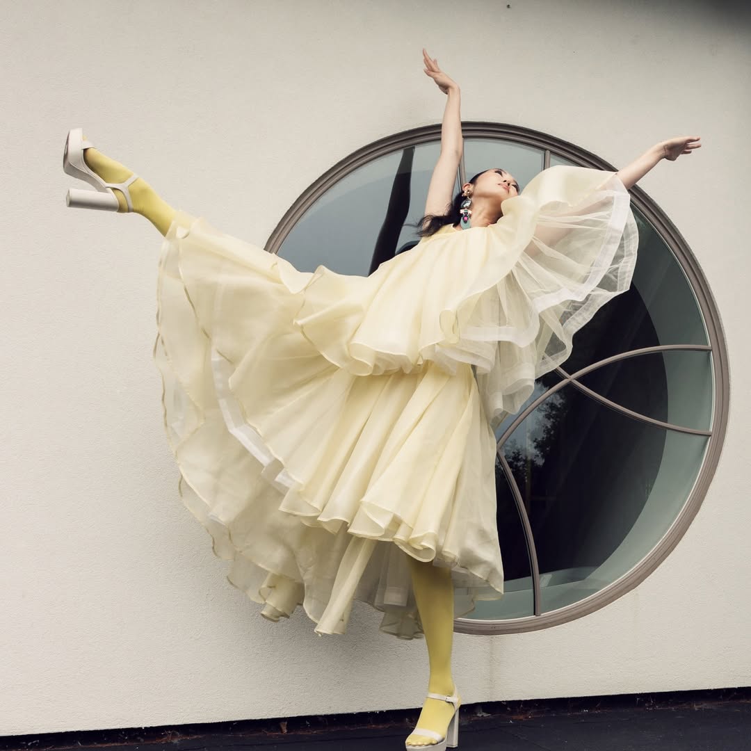 Solar Cascade Gown – in Marigold Silk Organza