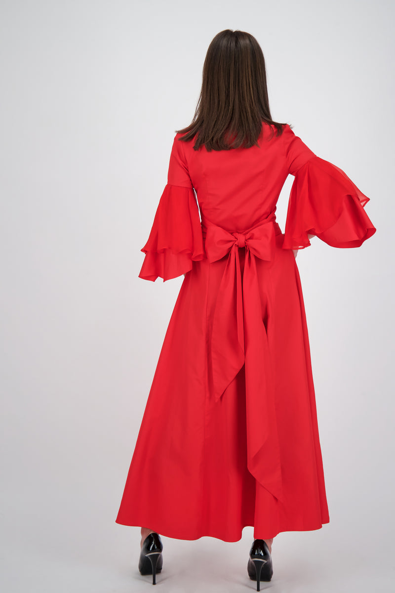 Midi Length Cotton Dress with Silk Chiffon Pleated Sleeves and Waist Bow Detail