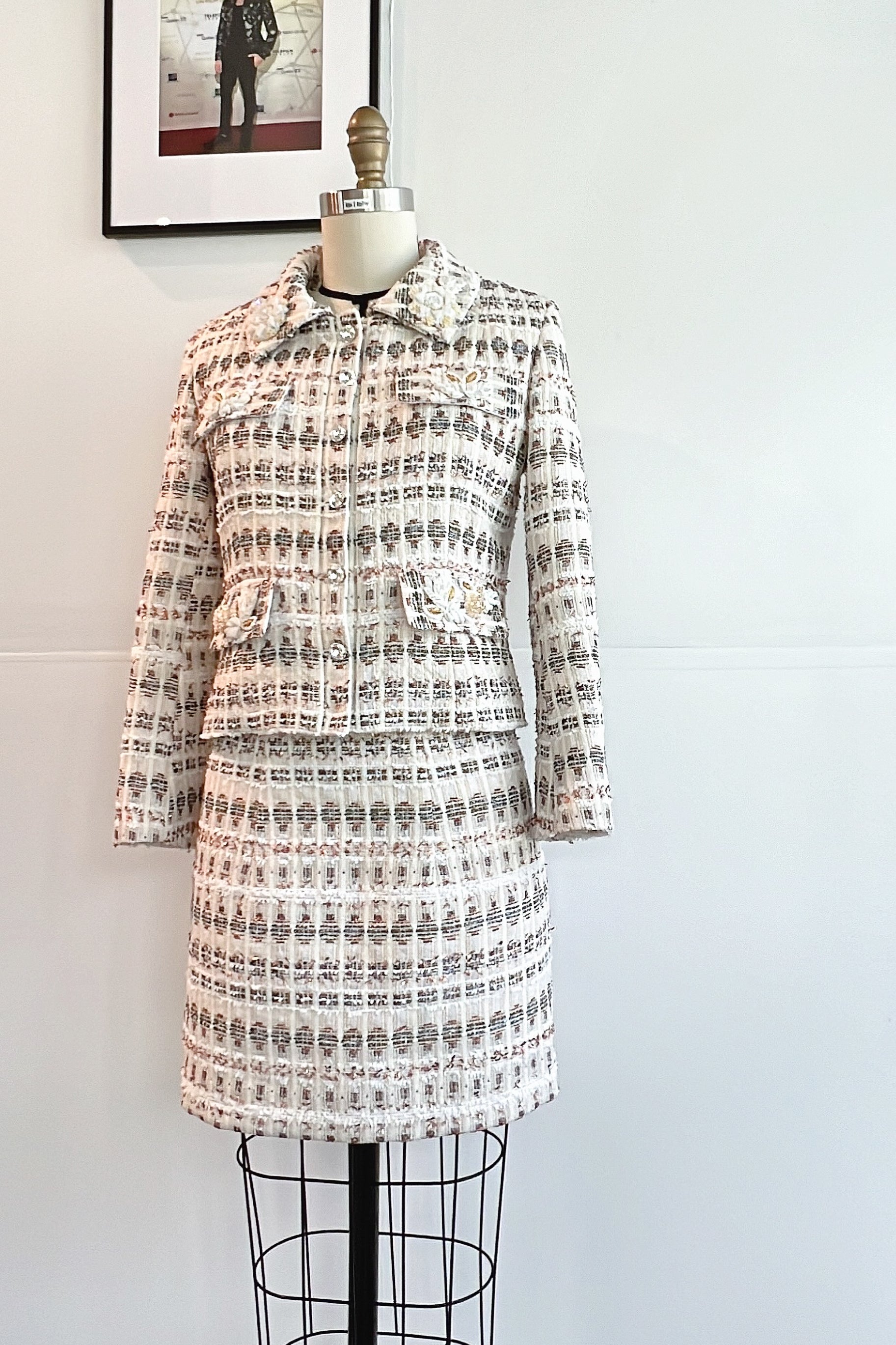 Chic Tweed Ensemble Hand Embroidered Motif