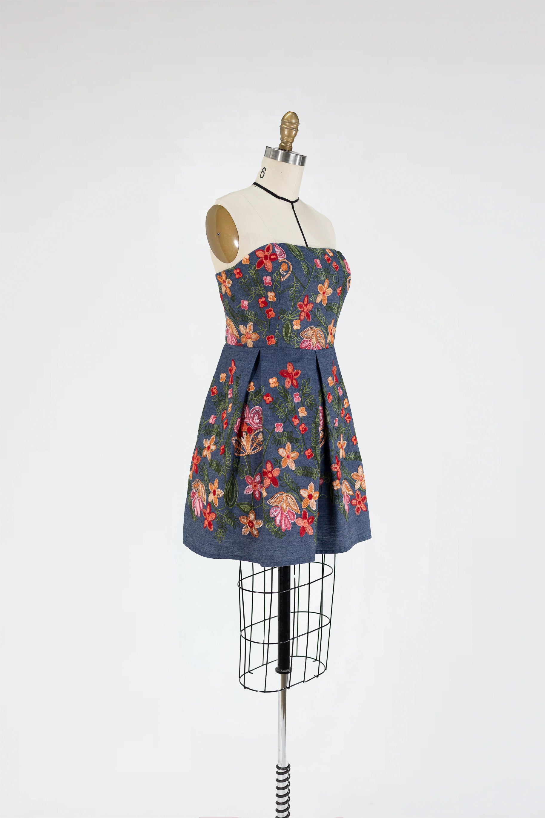 Strapless Embroidered Denim Dress