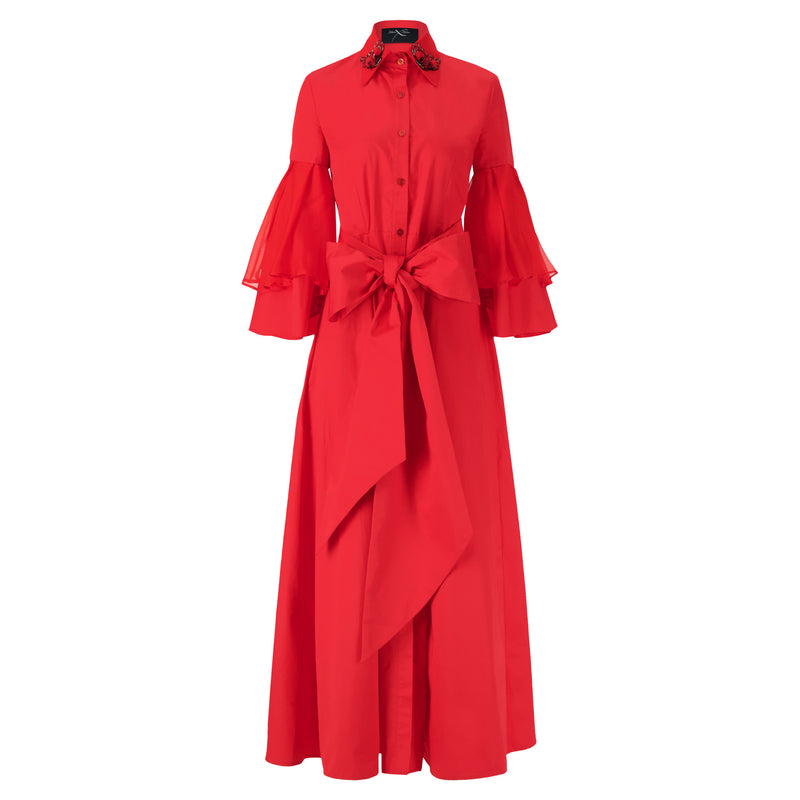 Midi Length Cotton Dress with Silk Chiffon Pleated Sleeves and Waist Bow Detail