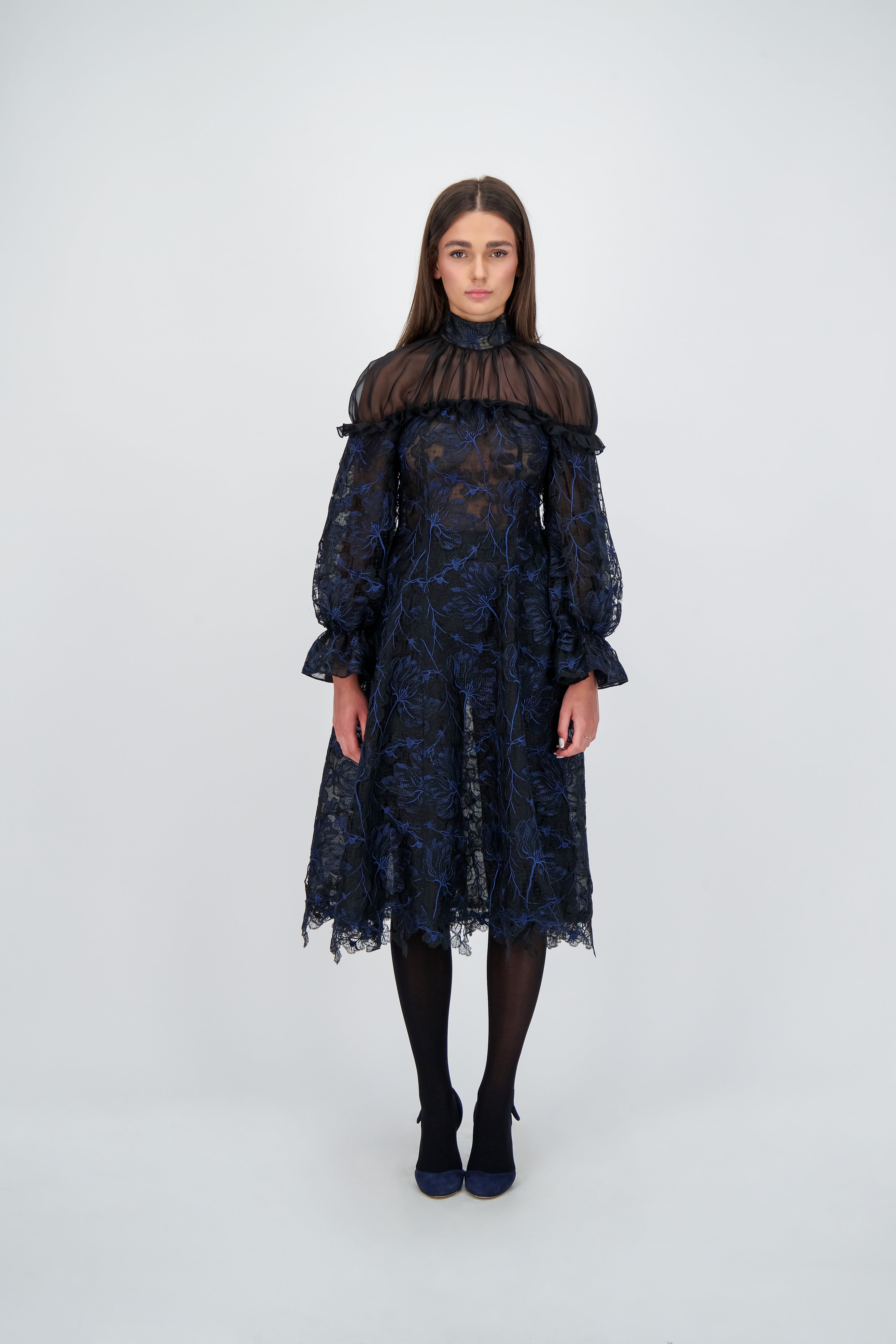 Gathered Shoulder Embroidered lace Dress