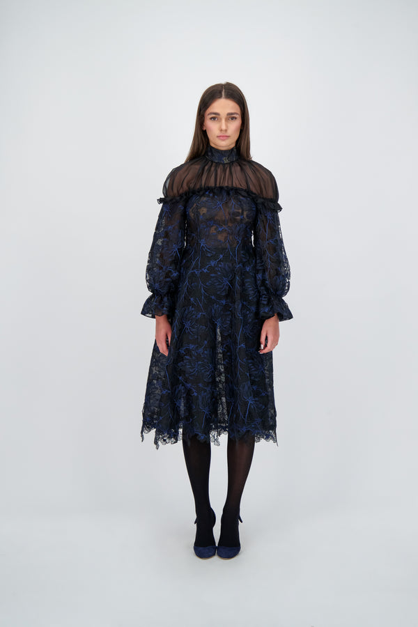 Gathered Shoulder / Embroidered lace Dress