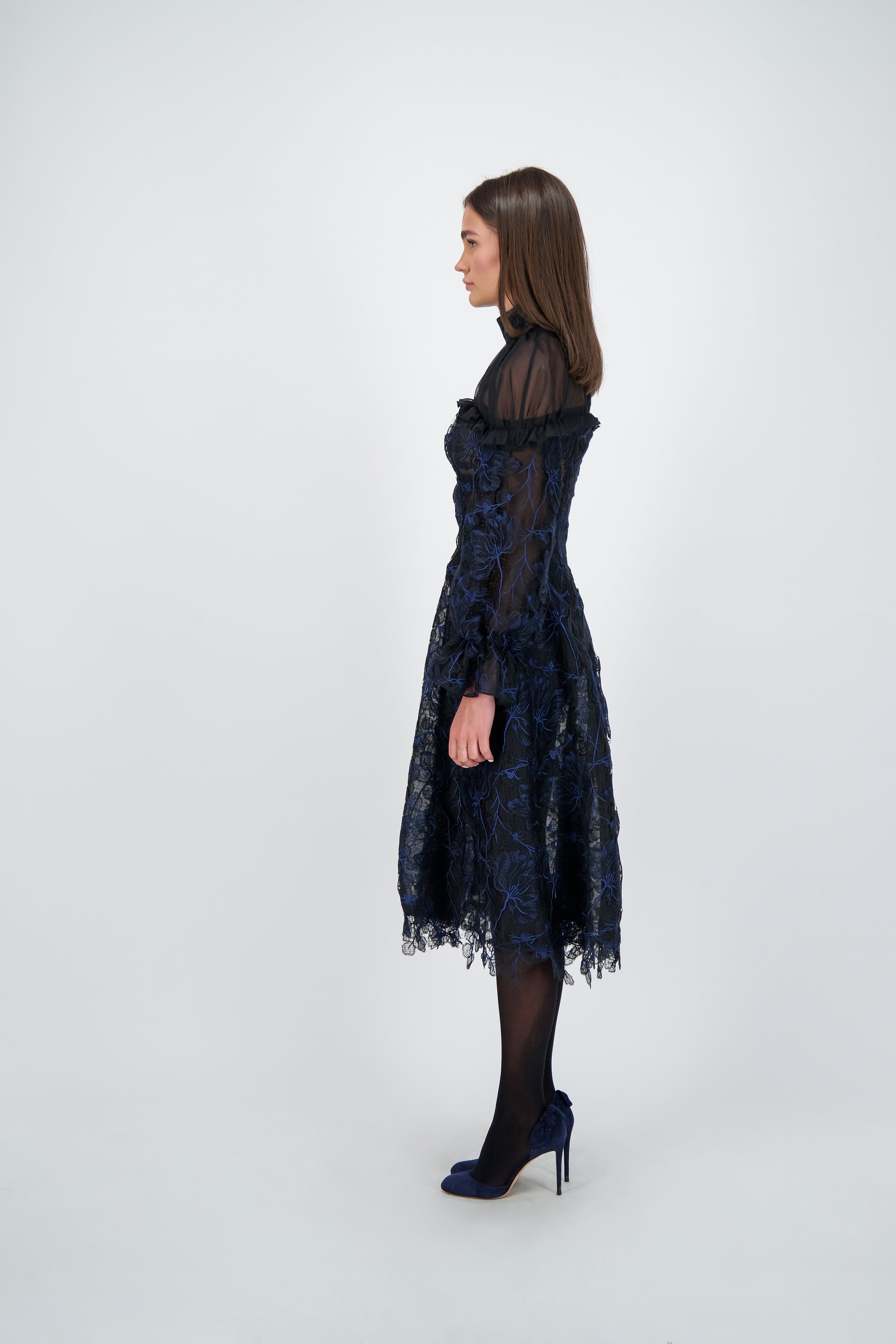 Gathered Shoulder Embroidered lace Dress