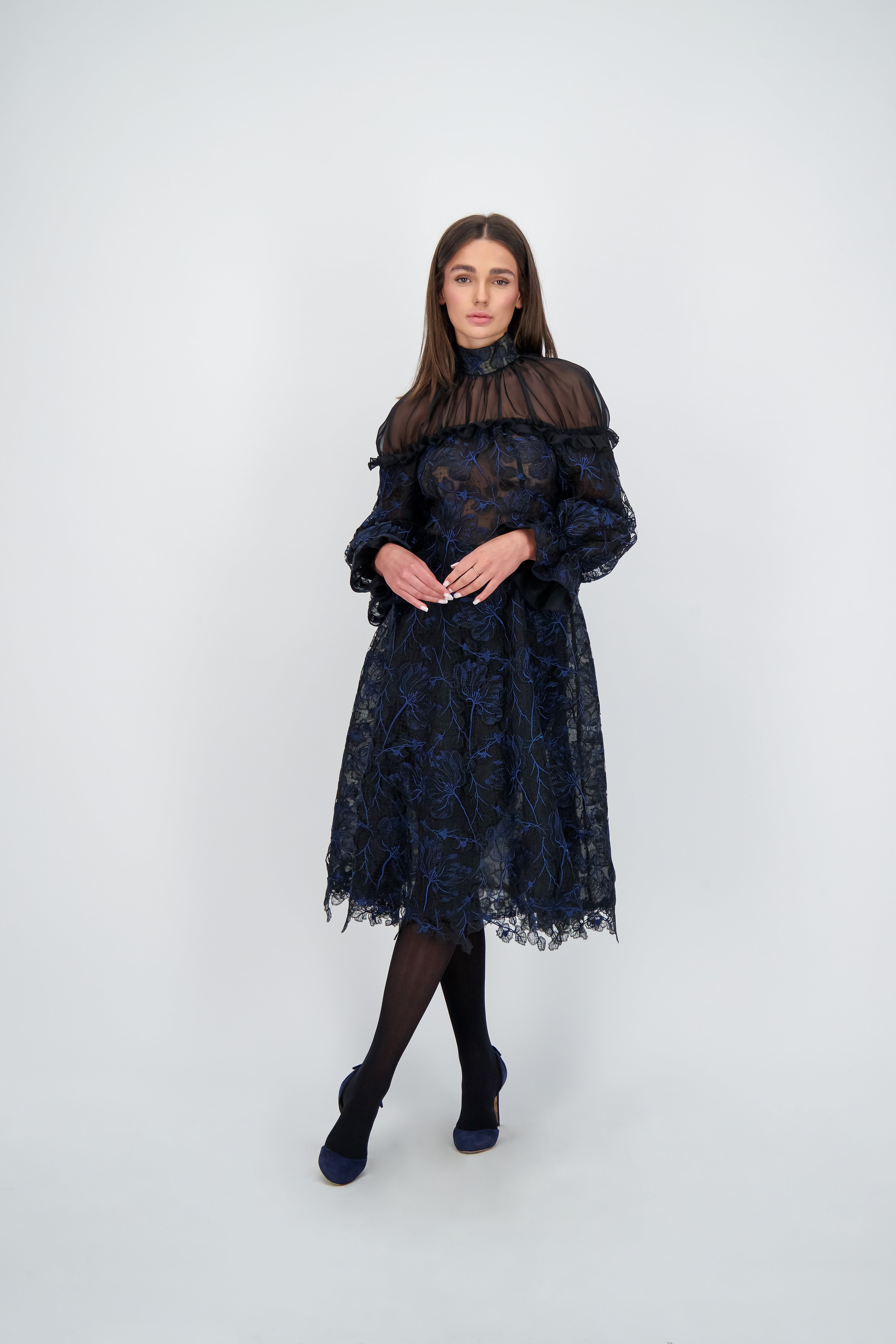 Gathered Shoulder Embroidered lace Dress