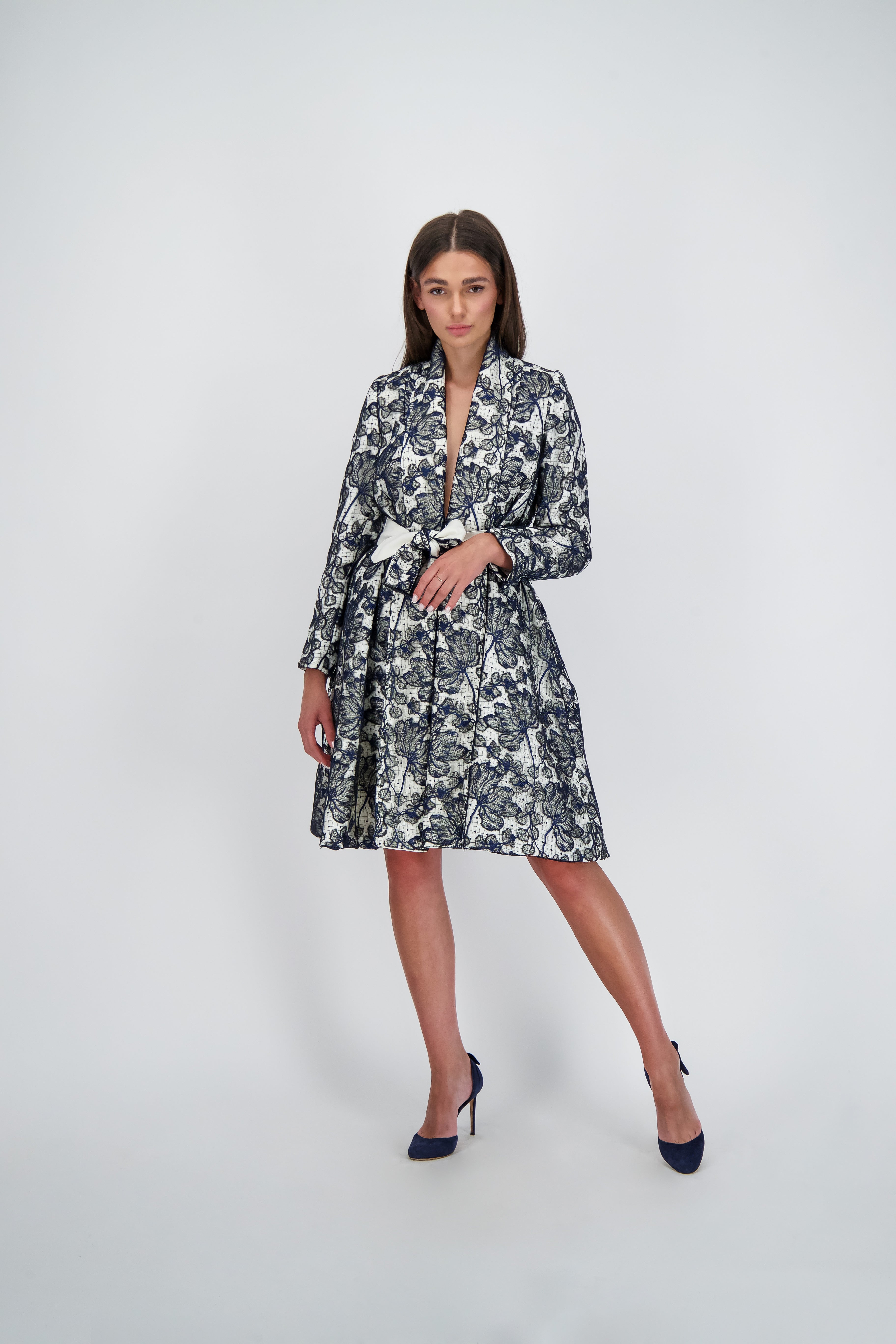 Embroidered Floral Lace Wool Swing Coat